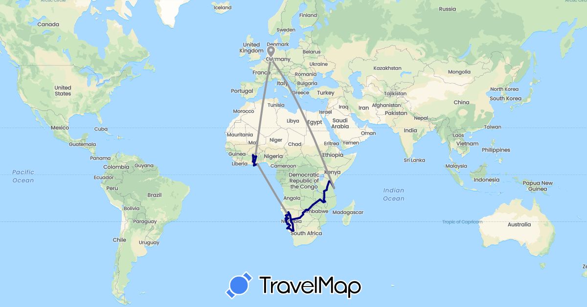 TravelMap itinerary: driving, plane in Botswana, Germany, Ghana, Malawi, Namibia, Tanzania, Zambia (Africa, Europe)